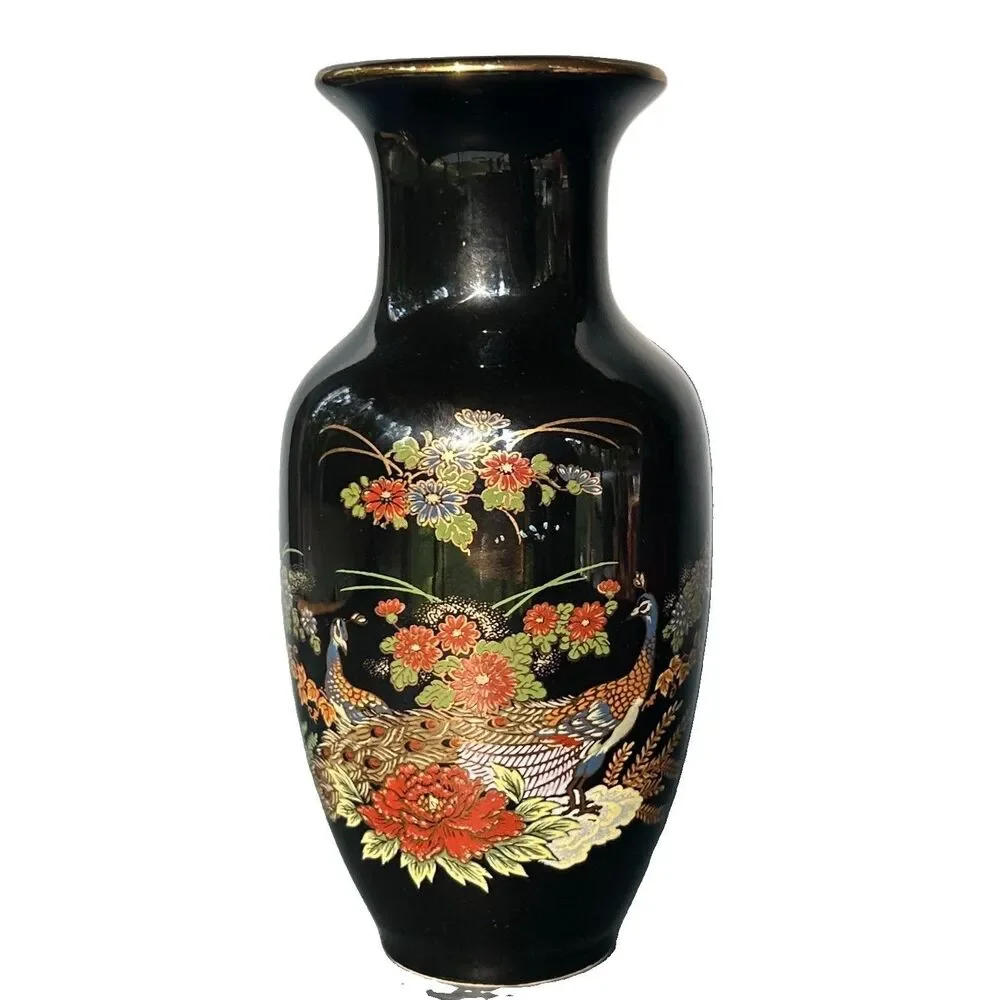 Vintage Japanese Kutani Chokin Style Black Porcelain Vase Peacock Floral Gold 6”